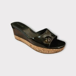 Prada Vintage Black Patent Leather Platform Wedge Slide Sandals